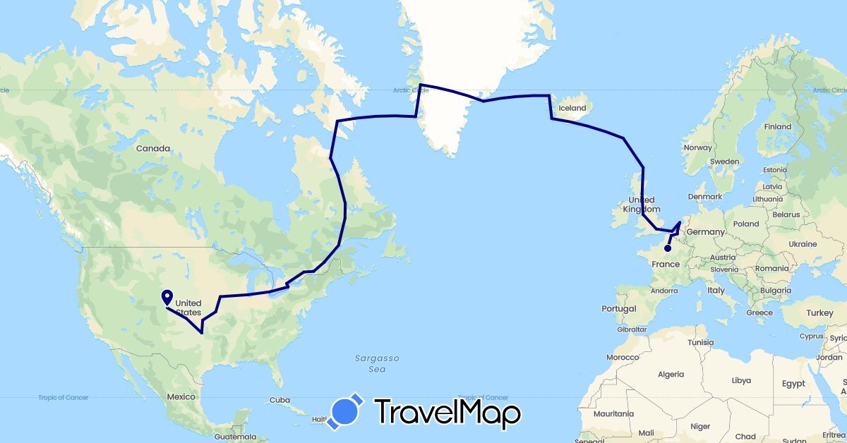 TravelMap itinerary: driving in Belgium, Canada, Faroe Islands, France, United Kingdom, Greenland, Iceland, Netherlands, United States (Europe, North America)