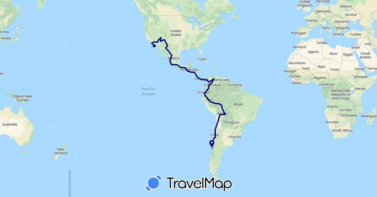 TravelMap itinerary: driving in Bolivia, Brazil, Chile, Colombia, Costa Rica, Ecuador, Guatemala, Mexico, Nicaragua, Panama, Peru, El Salvador, United States, Venezuela (North America, South America)